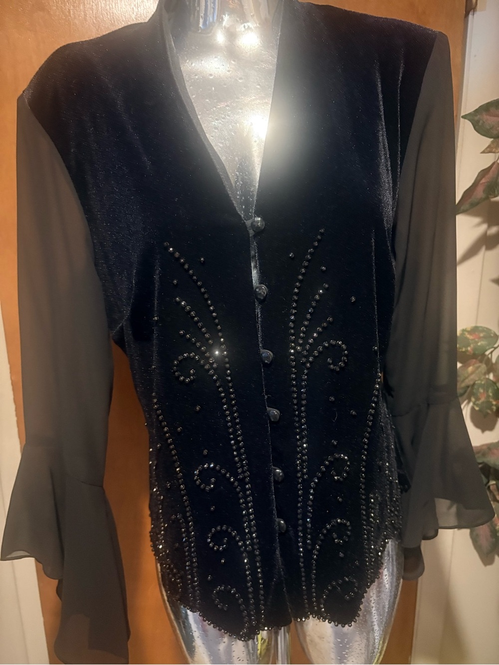 Women's Black Velvet & Sheer Beaded Button-Front Blouse